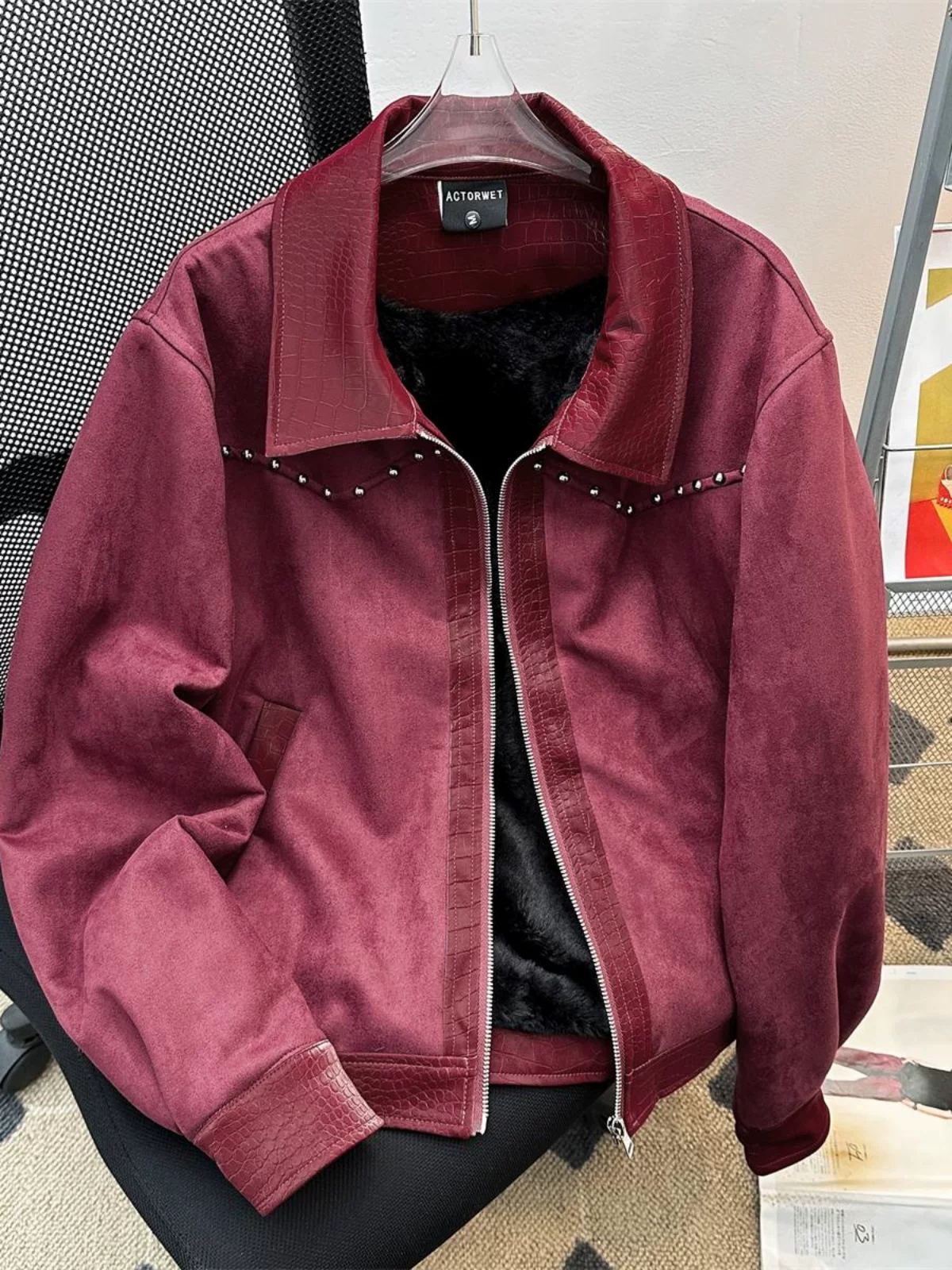 Áo khoác phi công kiểu Mỹ dành cho nam, áo khoác da PU dày dặn mùa xuân thu với thiết kế độc đáo và phối ghép, áo khoác da đôi.