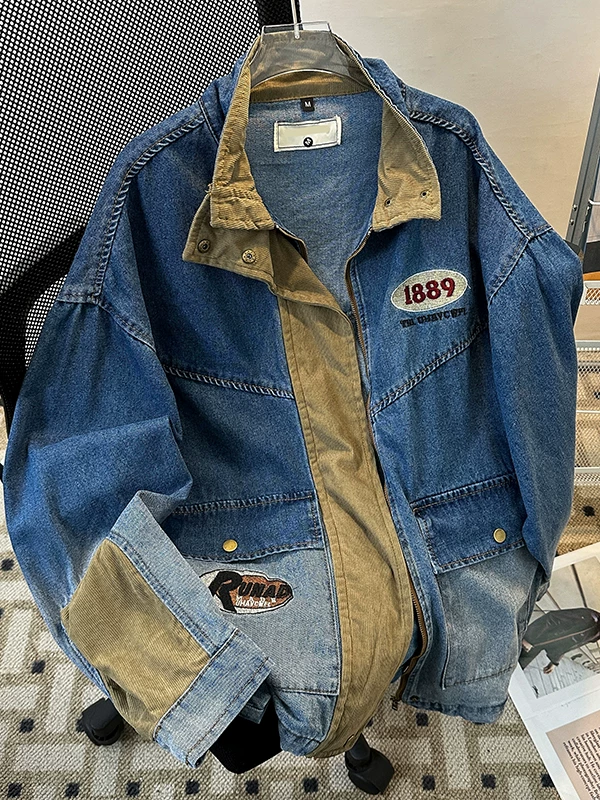 Áo khoác thêu chắp vá bằng vải nhung kẻ dành cho nam, áo khoác denim phong cách Mỹ hợp thời trang mùa xuân thu mới, trang phục công sở cổ đứng rộng rãi.