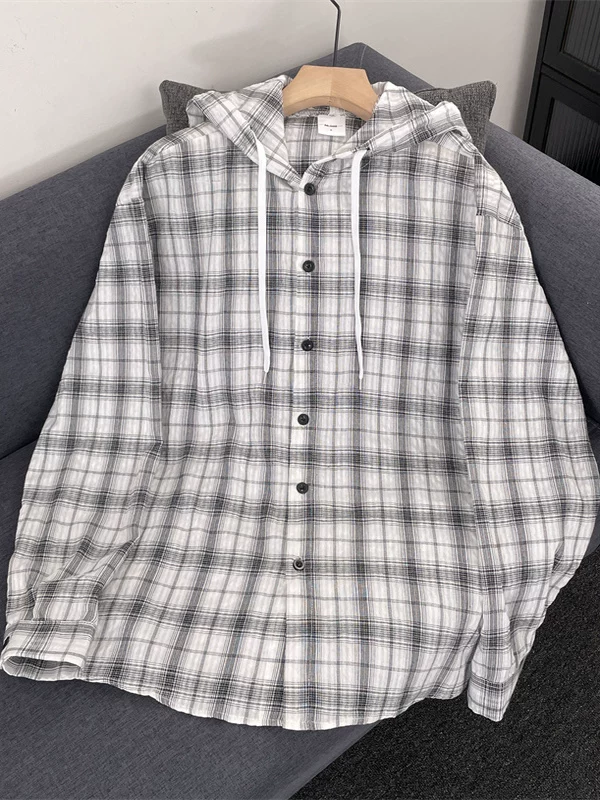 Quần áo chống nắng có mũ trùm đầu kẻ sọc nhẹ mùa hè dành cho nam, áo sơ mi dài tay mát mẻ bằng lụa băng thương hiệu thời thượng, áo khoác thường ngày phong cách lười biếng