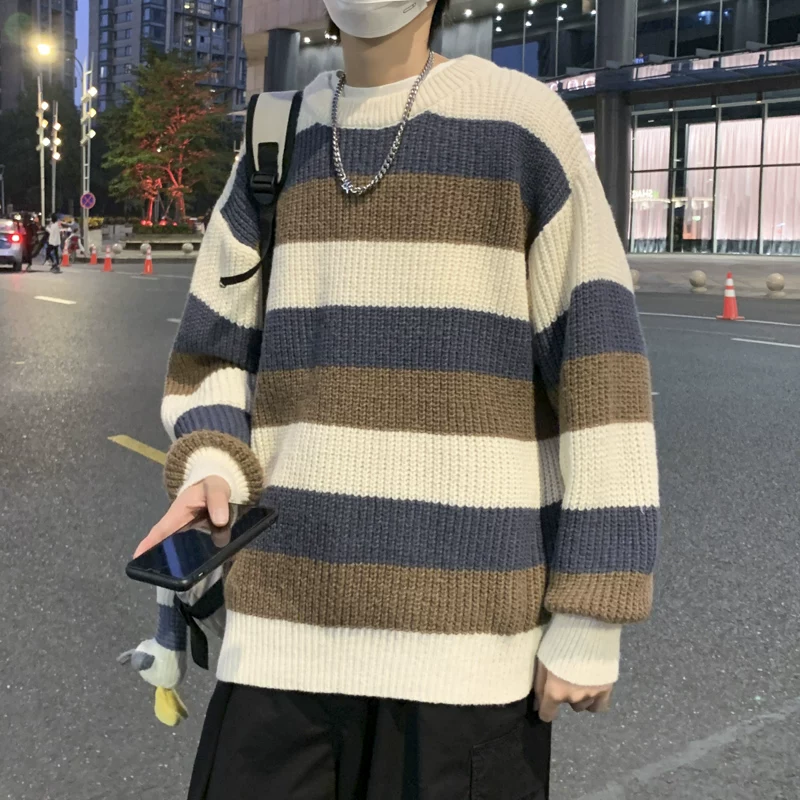 Áo len sọc phối màu cho nam, phong cách Nhật Bản mới mùa thu đông, áo len dệt kim kiểu dáng thoải mái, áo len cơ bản rộng rãi hợp thời trang.