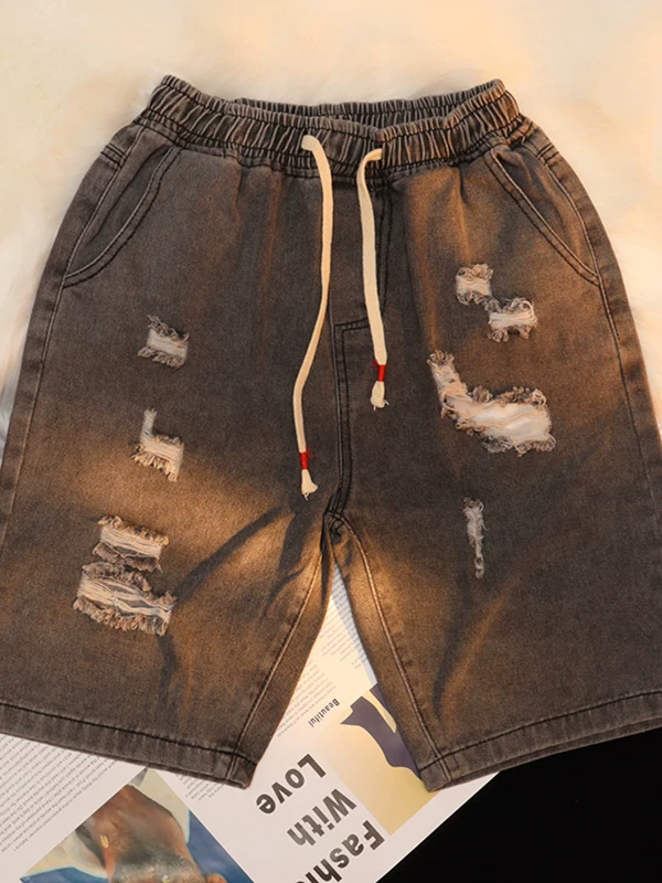 Quần short denim lưng thun co giãn mùa hè hợp thời trang thương hiệu hot trend quần dài vừa phải rách thẳng nam phong cách Nhật Bản quần lửng dáng rộng thường ngày