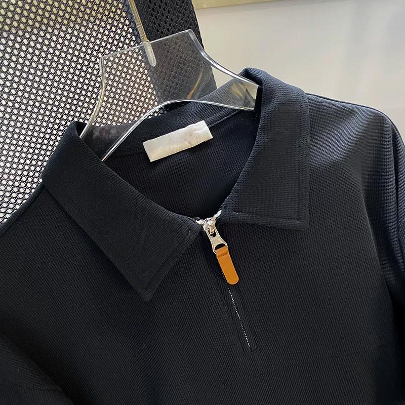 Áo polo nửa khóa kéo dành cho nam, phong cách Nhật Bản, cổ bẻ đơn giản, áo thun ngắn tay, trang phục nửa tay ngắn đa năng hợp thời trang mùa hè.