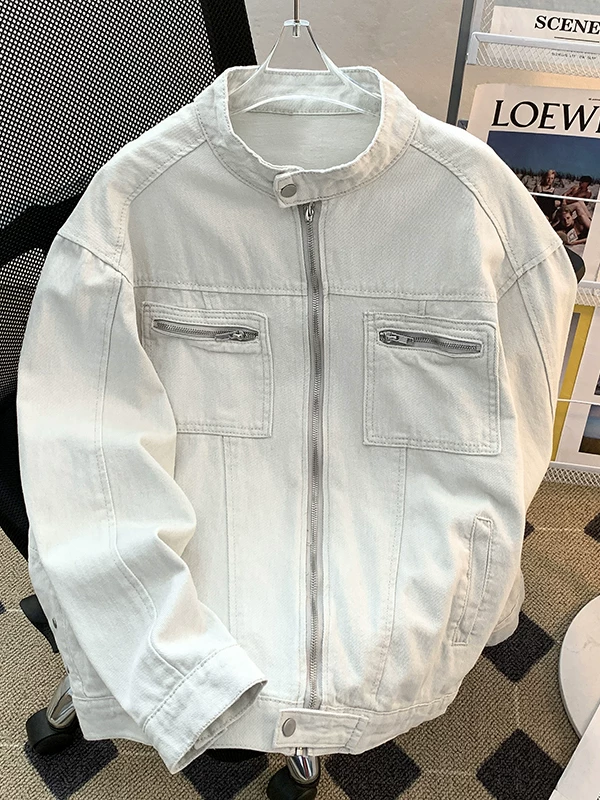 Áo khoác denim kiểu Mỹ dành cho nam, áo khoác vải canvas giặt mài thời thượng, áo khoác công sở dáng rộng cổ đứng cho mùa xuân và mùa thu.