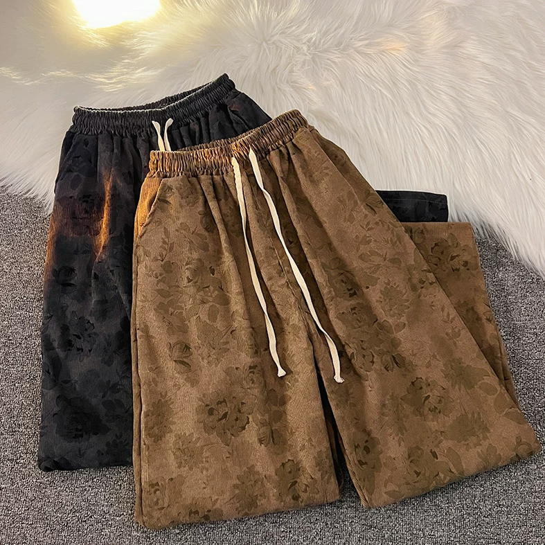 Quần vải nhung kẻ sọc phong cách retro Mỹ dành cho nam, quần ống đứng in họa tiết đa năng, quần thể thao ống rộng thời trang mùa hè