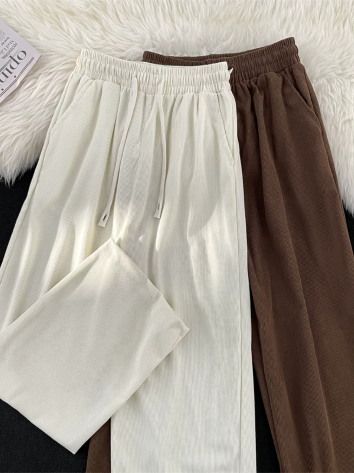 Quần nhung kẻ sọc nam có hiệu ứng xếp ly, quần thể thao ống rộng dáng thẳng, thời trang thu đông, có dây rút, đa năng, dành cho cặp đôi.