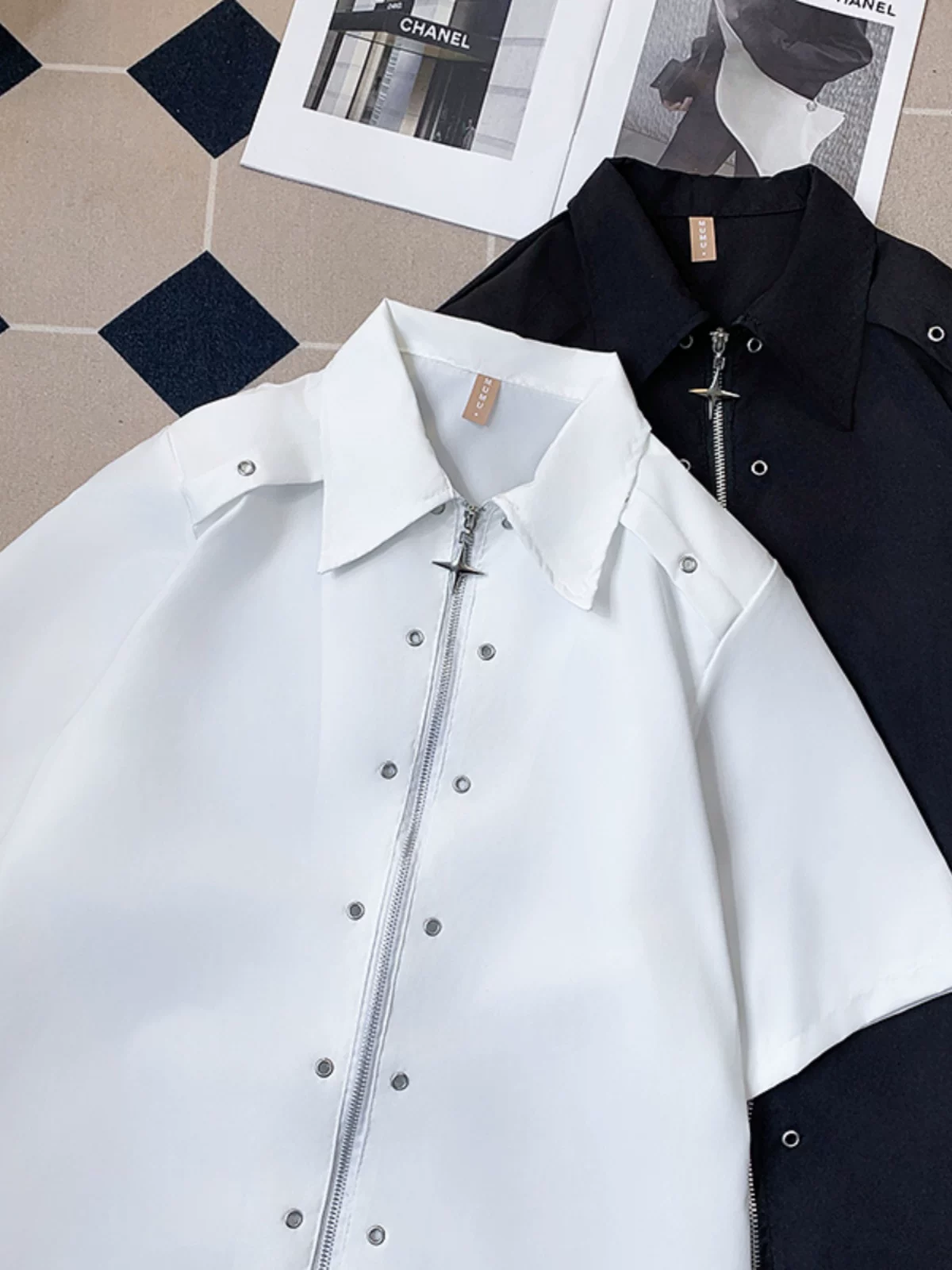 Áo sơ mi thiết kế có khóa kéo dành cho nam tay ngắn phong cách đường phố cao cấp phong cách Mỹ áo sơ mi có đệm vai mùa hè hợp thời trang thương hiệu áo khoác nửa tay rộng rãi