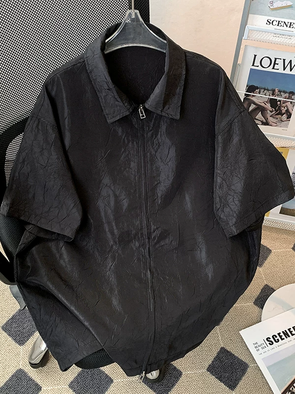 Áo sơ mi ngắn tay có họa tiết xếp li, khóa kéo đôi, áo sơ mi nam tay ngắn dáng rộng, thương hiệu thời trang, áo khoác mùa hè cao cấp, sành điệu