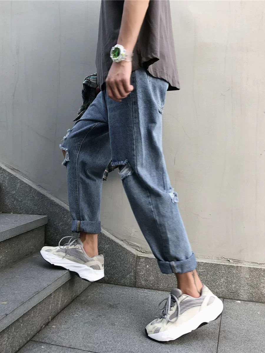 Quần nam phong cách Harajuku, quần jean thời trang kiểu Hàn Quốc, quần ống rộng dáng thẳng, quần rách mùa hè, quần lửng rách.