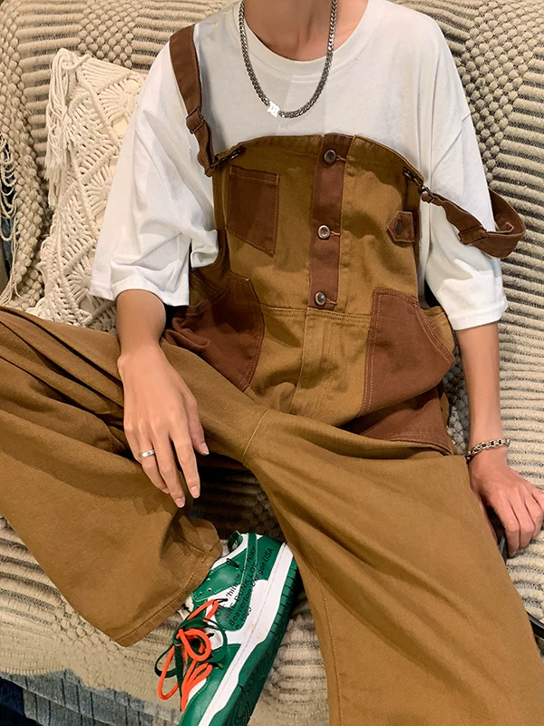 Quần yếm denim phong cách retro Nhật Bản dành cho nam, quần công sở ống rộng mùa hè, thiết kế thương hiệu thời thượng, quần dài dáng rộng thoải mái.