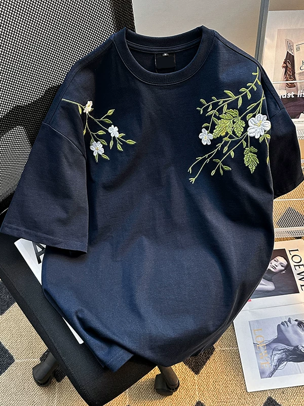 Áo thun nam tay ngắn họa tiết hoa, kiểu Mỹ thời trang, dáng rộng, cặp đôi, mùa hè 2025, áo thun thêu mới