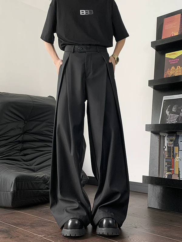 Quần xếp ly ba chiều cho nam và nữ, kiểu dáng mùa hè mới, quần tây dài chạm sàn kiểu Nhật, quần ống rộng cao cấp phong cách thường ngày.