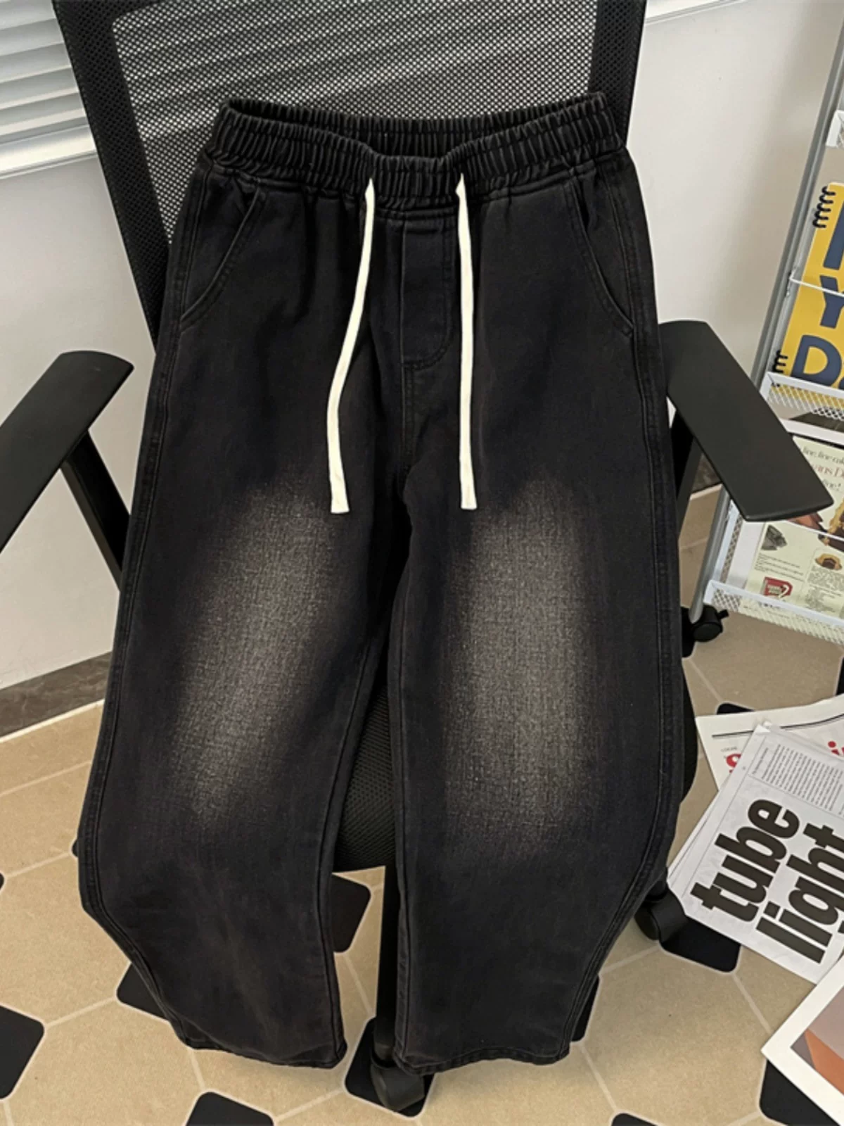 Quần jean lưng thun thương hiệu thời thượng dành cho nam, quần ống rộng dáng suông mùa xuân, quần đa năng phong cách Mỹ.