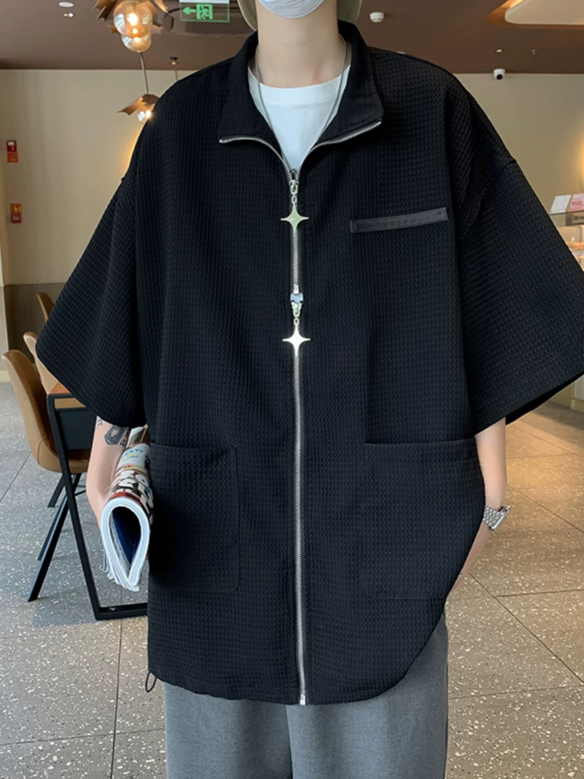 Áo sơ mi nam tay ngắn có khóa kéo đôi, kiểu dáng thời trang mùa hè, chất liệu vải waffle, thiết kế rộng rãi phong cách đường phố Mỹ, áo khoác đôi.