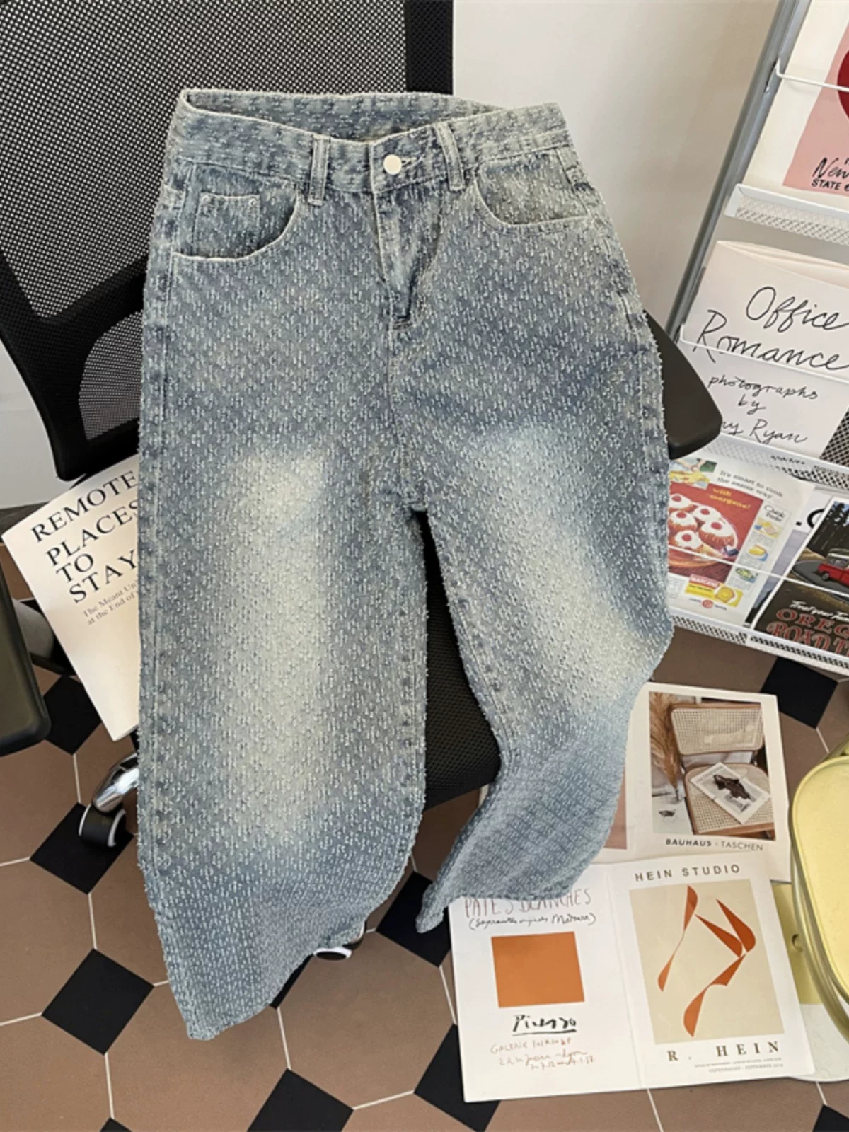 Quần jeans jacquard dày dặn dành cho nam, quần kiểu Mỹ cổ điển hợp thời trang, quần dài ống đứng rộng rãi thoáng mát mùa hè.