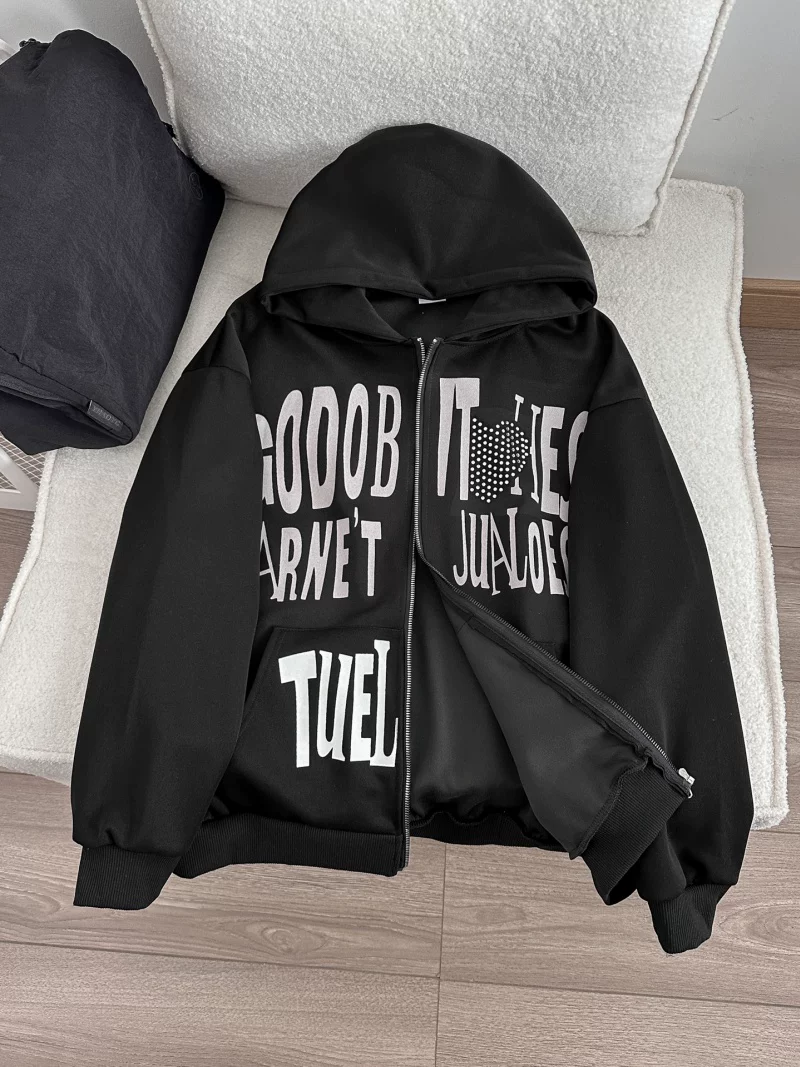 Áo khoác cardigan in chữ kiểu Mỹ dành cho nam, áo khoác có khóa kéo dáng rộng mùa xuân thu, áo khoác thiết kế đính đá thời trang.