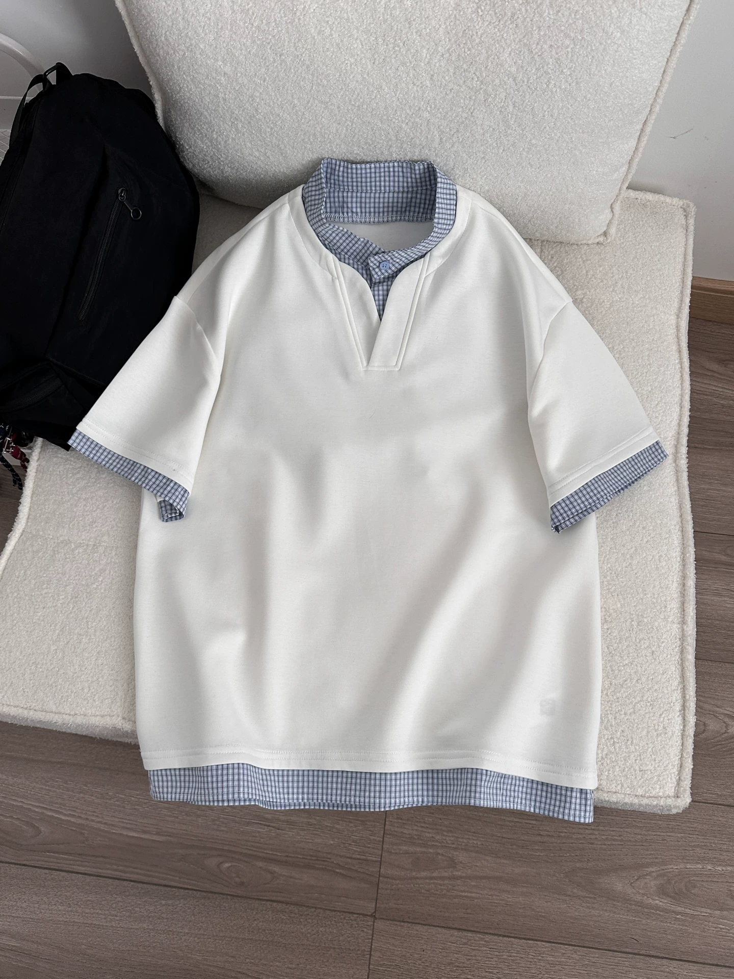 Áo polo giả hai mảnh cổ chữ V phong cách Mỹ dành cho nam và nữ, áo chắp vá rộng rãi mùa hè, áo thun nửa tay cao cấp thương hiệu thời thượng.