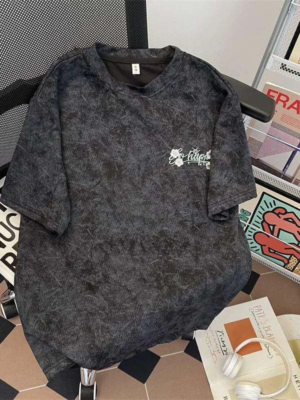 Áo thun ngắn tay thêu họa tiết tie-dye dành cho nam, phong cách Hồng Kông mùa hè, thương hiệu thời thượng, dáng rộng, thoải mái, áo thun cặp đôi kiểu Mỹ retro