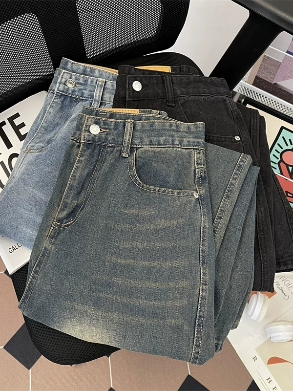 Quần jeans nam phong cách Hồng Kông, kiểu retro, chất liệu washed, thương hiệu thời trang Mỹ, dáng rộng ống đứng, quần dài vintage, phong cách casual.