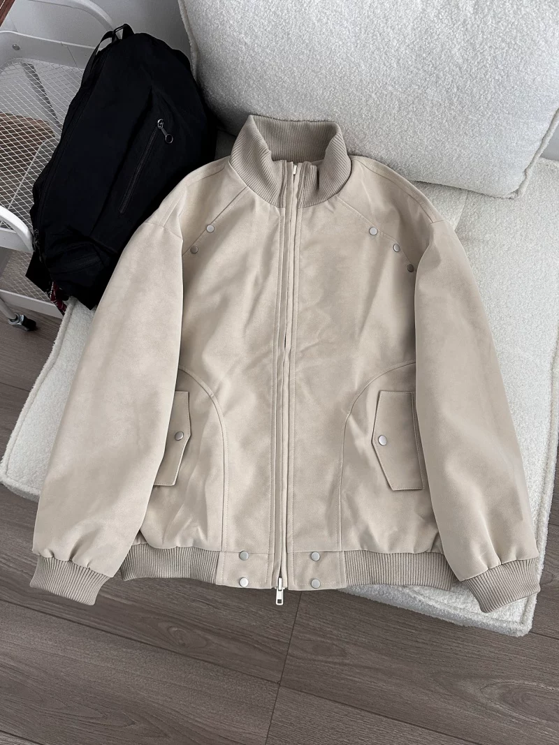 Áo khoác cổ đứng phong cách retro của Mỹ dành cho nam, thương hiệu thời thượng mùa xuân, áo khoác công sở cá tính, dáng rộng rãi với thiết kế khóa kéo đôi.