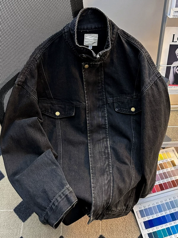 Áo khoác denim dày dặn dành cho nam, kiểu dáng thời trang mùa xuân thu phong cách Mỹ, áo khoác công sở dáng rộng, cổ đứng, áo khoác đôi đa năng.