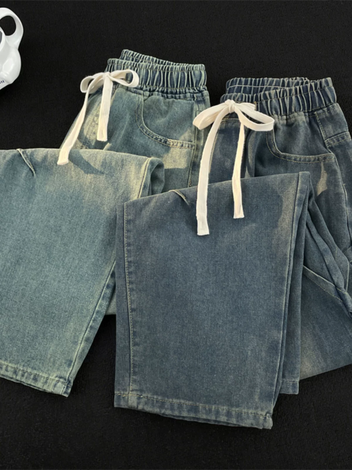 Quần jeans nam phong cách Mỹ mùa thu đông, quần dài ống rộng dáng suông đa năng, chất liệu vintage, có dây rút, thương hiệu thời thượng.