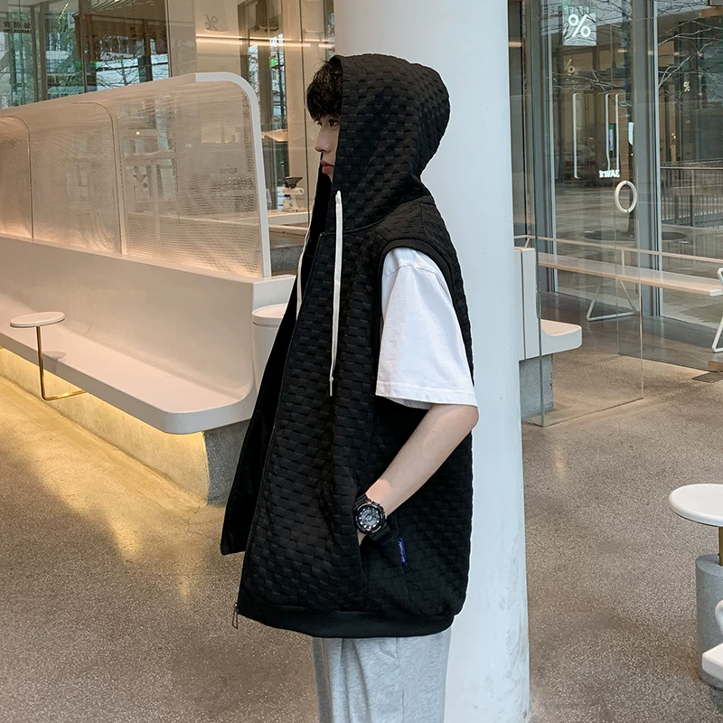 Áo vest dệt kim dành cho nam, thương hiệu thời trang mùa hè, áo nỉ không tay có mũ trùm đầu rộng rãi, phong cách Hồng Kông, áo nỉ không tay đa năng dành cho cặp đôi.