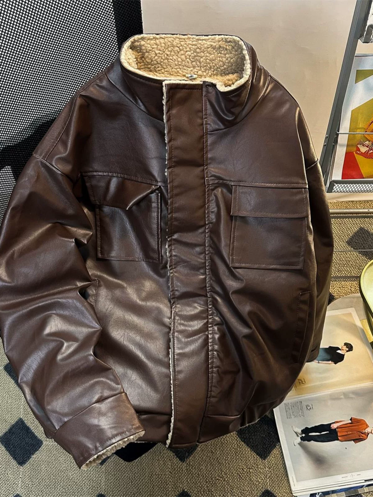 Áo khoác cotton len cừu phong cách retro Nhật Bản dành cho nam, áo khoác cotton da PU kiểu Mỹ mùa đông, quần áo cotton dày dặn ấm áp cao cấp.