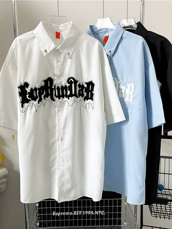 Áo sơ mi ngắn tay thêu họa tiết dành cho nam, thiết kế cao cấp, áo sơ mi cặp đôi dáng rộng phong cách Mỹ BF mùa hè hợp thời trang.