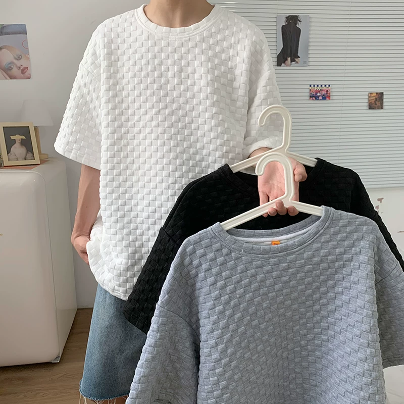 Áo thun Waffle nam tay ngắn mùa hè phong cách Hồng Kông áo thun dáng rộng phong cách Hàn Quốc hợp thời trang áo thun tay lửng đa năng