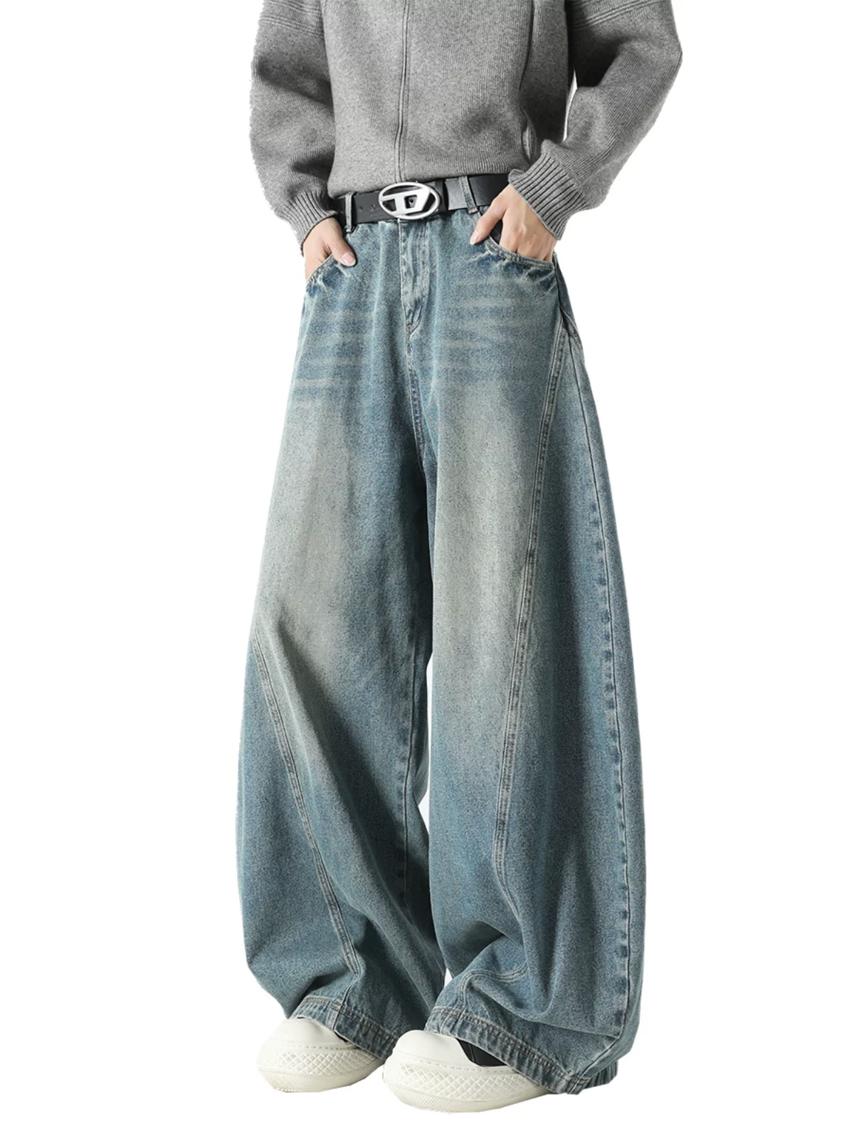 Quần jeans nam phong cách Mỹ hip-hop, quần dài ống rộng dáng suông, chất liệu vintage, xu hướng thu đông.