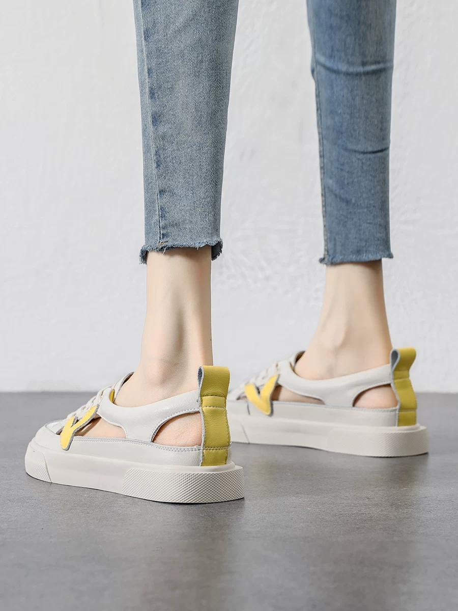 Giày sandal hở mũi khoét lỗ dành cho nữ, giày trắng da thật lưới thoáng khí, kiểu mới mùa hè 2026, giày thể thao đế mềm phong cách thường ngày.