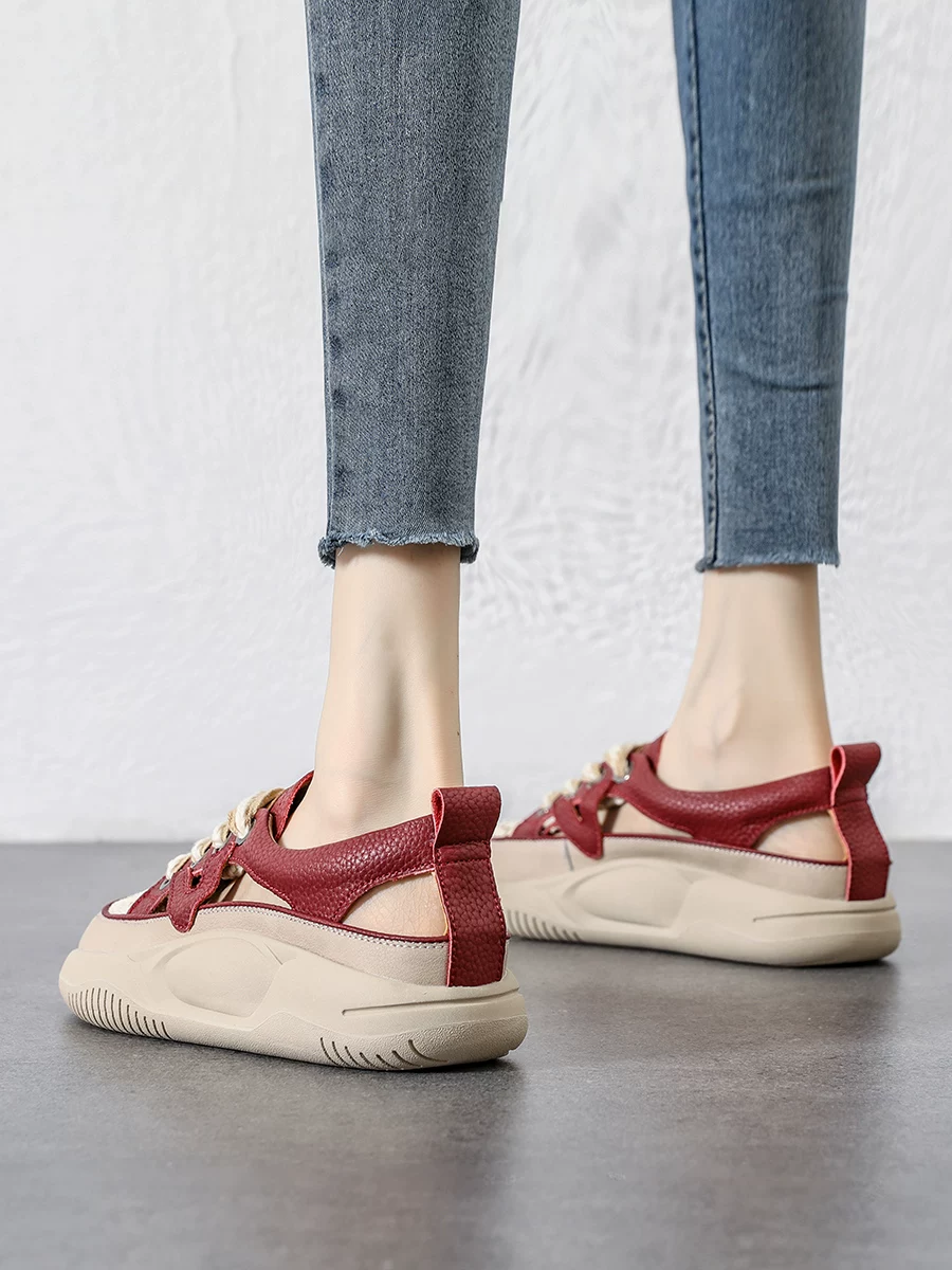 Giày sandal nữ đế dày, kiểu dáng thoáng khí màu trắng, giày thể thao da thật đục lỗ phong cách mới hè 2026.