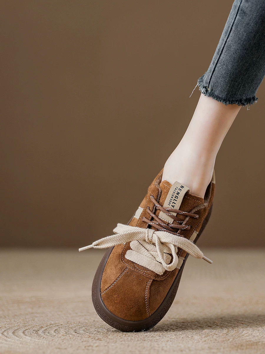 Giày thể thao nữ da lộn kiểu Đức cổ điển, giày sneaker đế dày lót lông, mẫu mới mùa đông 2025, giày lười thể thao đế cong.