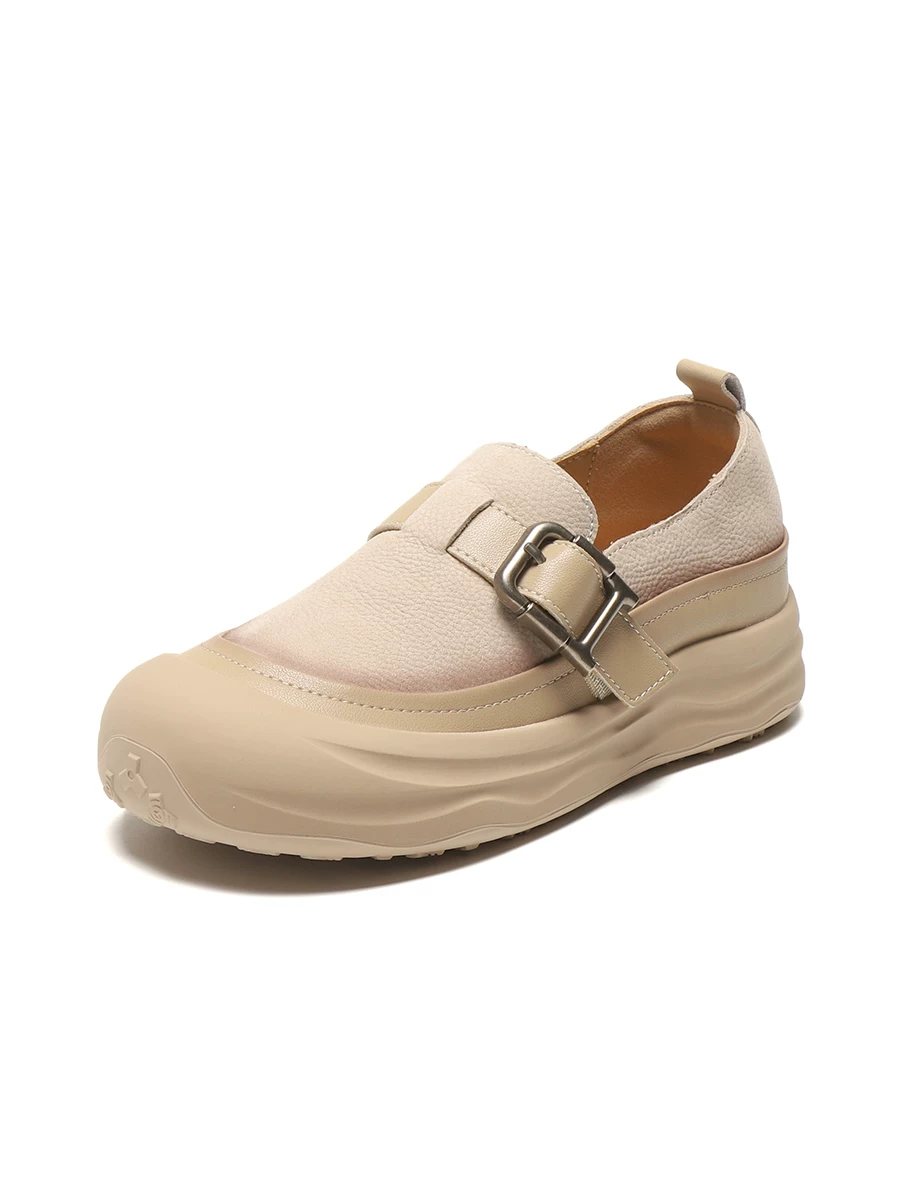 Giày lười da thật nữ, giày thể thao đế dày, kiểu mới thu 2025, giày da bò retro phong cách thường ngày dành cho nữ.