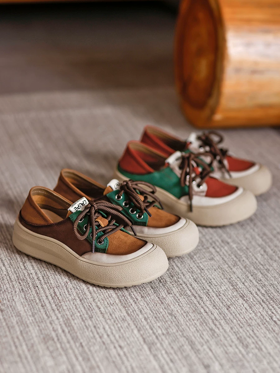 Giày thể thao nữ da bò phối màu retro, giày casual đa năng, kiểu mới thu 2025, giày nữ da thật, đế mềm, giày bệt hai kiểu mang.