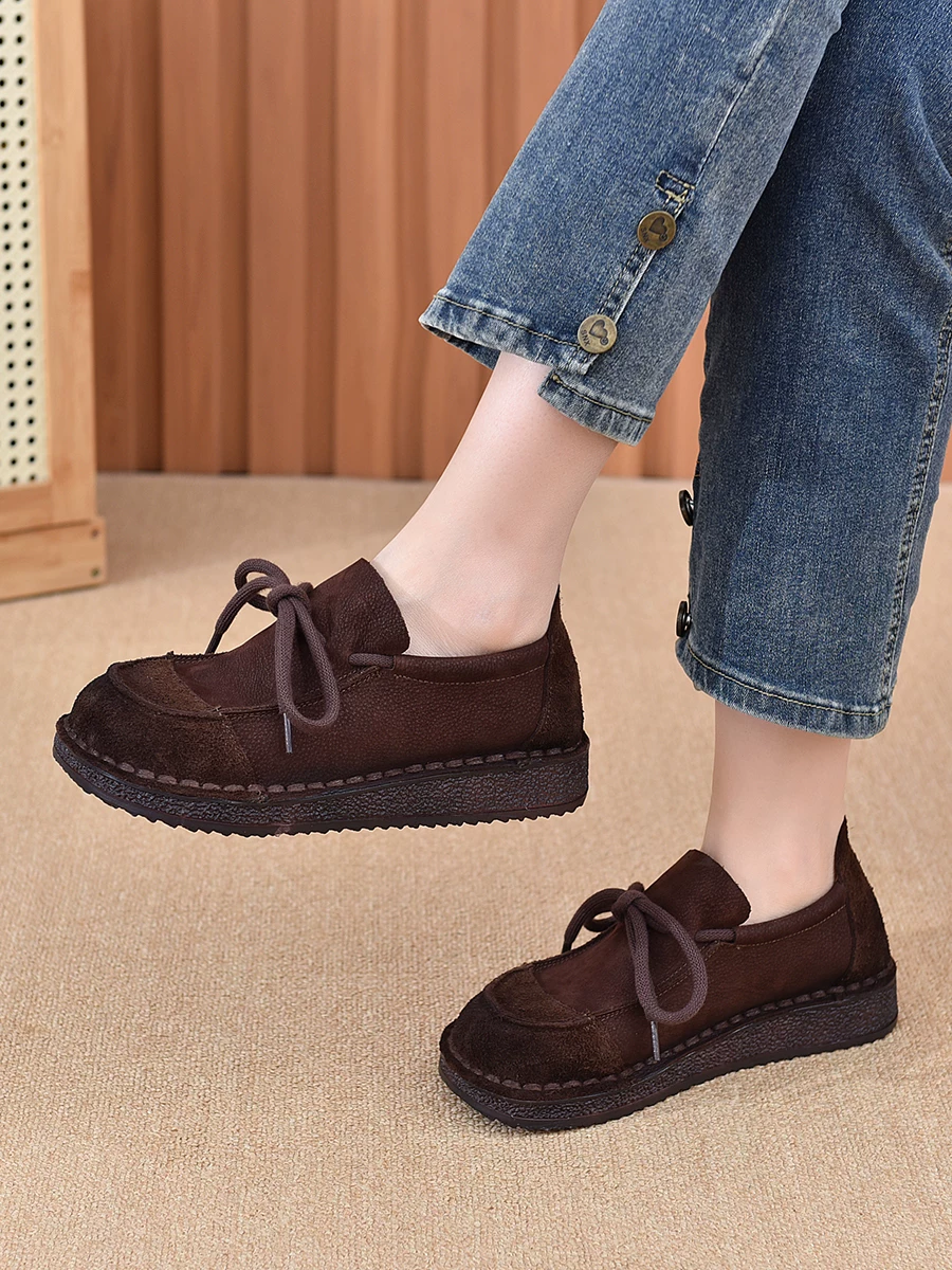 Giày lười da bò retro nữ đế cao su mềm, giày lười đi êm, mẫu mới thu 2025, giày moccasin lười.