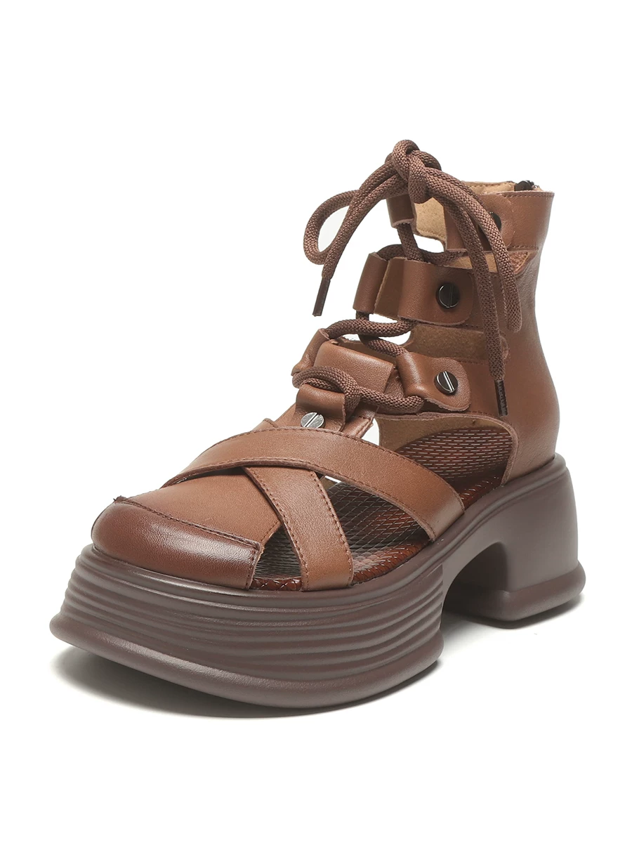 Giày sandal nữ da thật khoét lỗ, đế dày, mũi kín, sandal cao cổ, kiểu mới mùa hè 2026, giày La Mã buộc dây chéo.