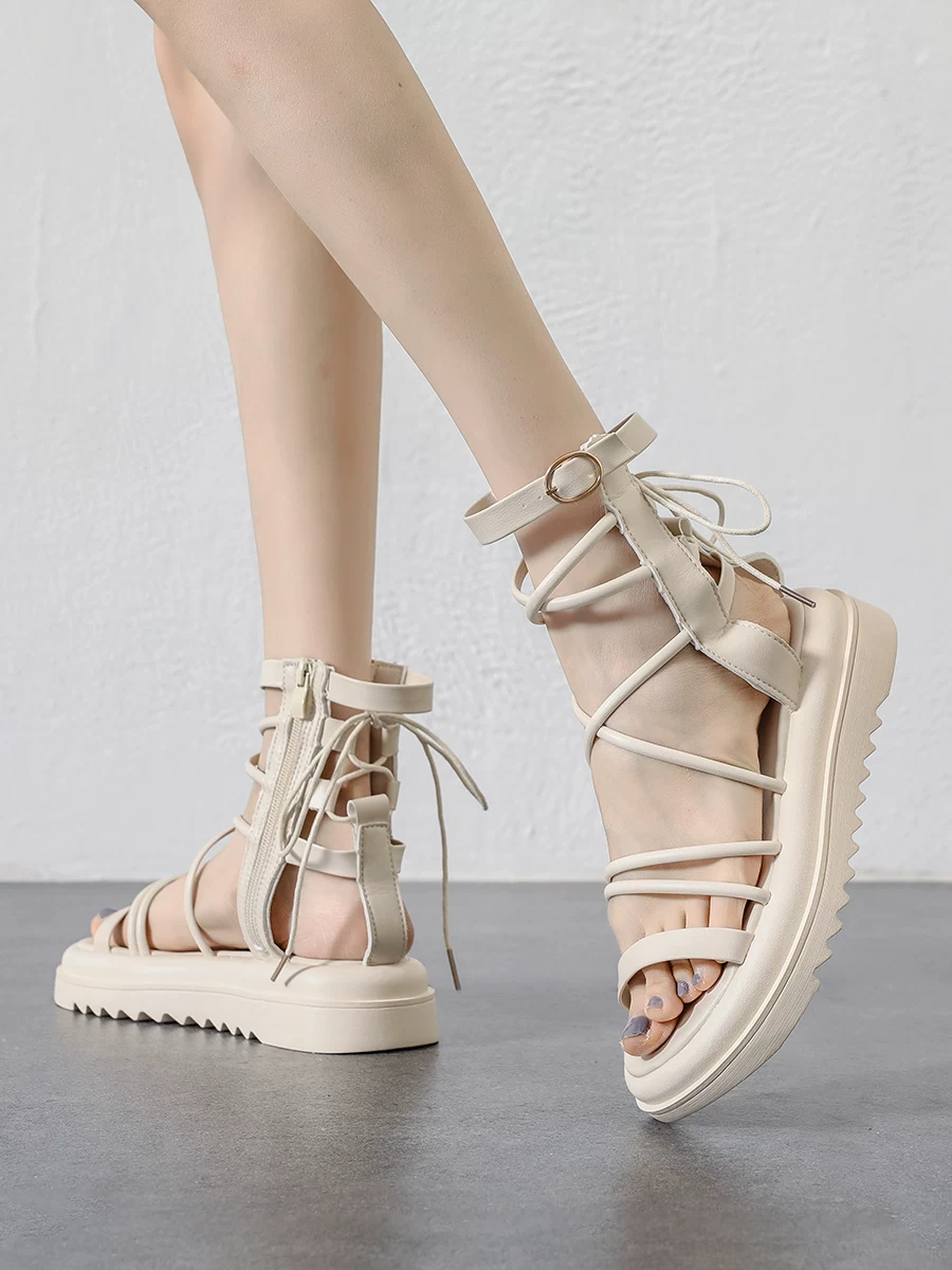 Giày sandal cao cổ kiểu tiên nữ dành cho nữ, giày La Mã quai chéo thời trang đế dày, sandal khoét lỗ mới mùa hè 2026 dành cho nữ.