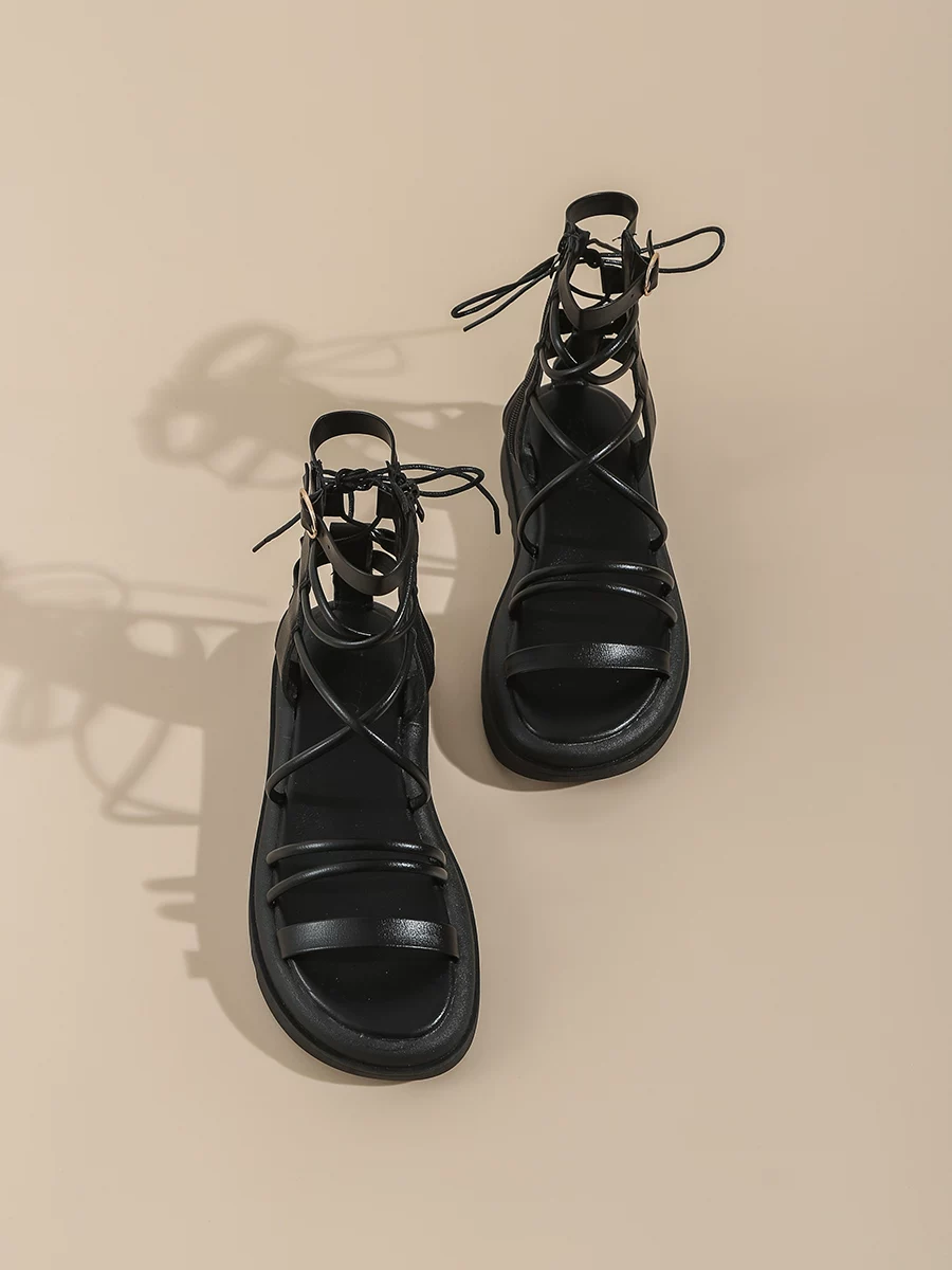 Giày sandal cao cổ kiểu tiên nữ dành cho nữ, giày La Mã quai chéo thời trang đế dày, sandal khoét lỗ mới mùa hè 2026 dành cho nữ.