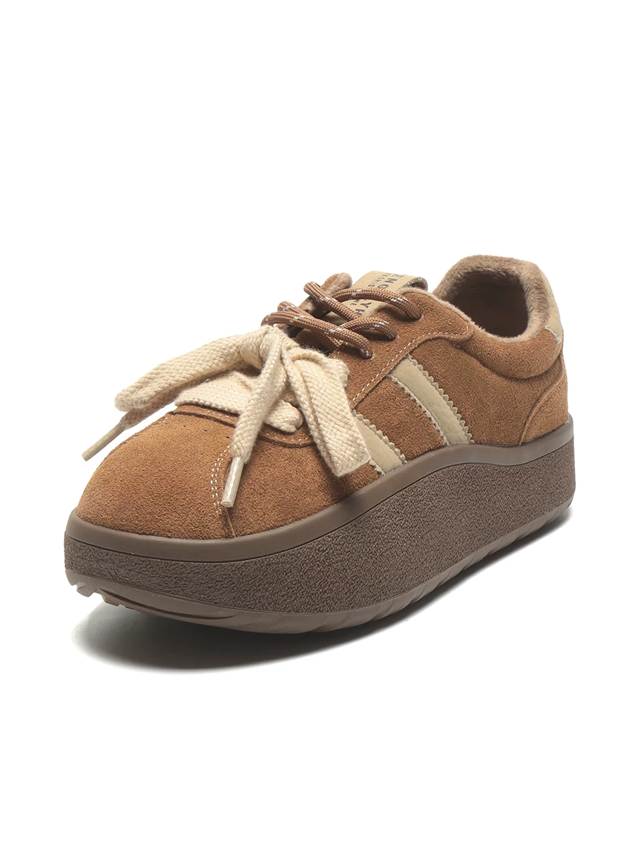 Giày thể thao nữ da lộn kiểu Đức cổ điển, giày sneaker đế dày lót lông, mẫu mới mùa đông 2025, giày lười thể thao đế cong.