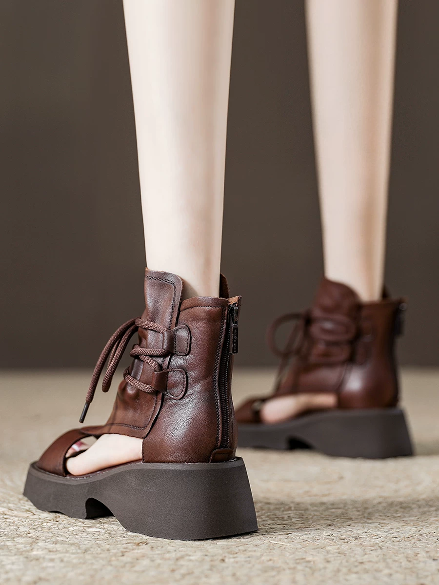 Giày sandal cao cổ kiểu La Mã bằng da thật dành cho nữ, giày bốt Martin đế dày miệng cá, sandal khoét lỗ kiểu mới mùa hè 2026.