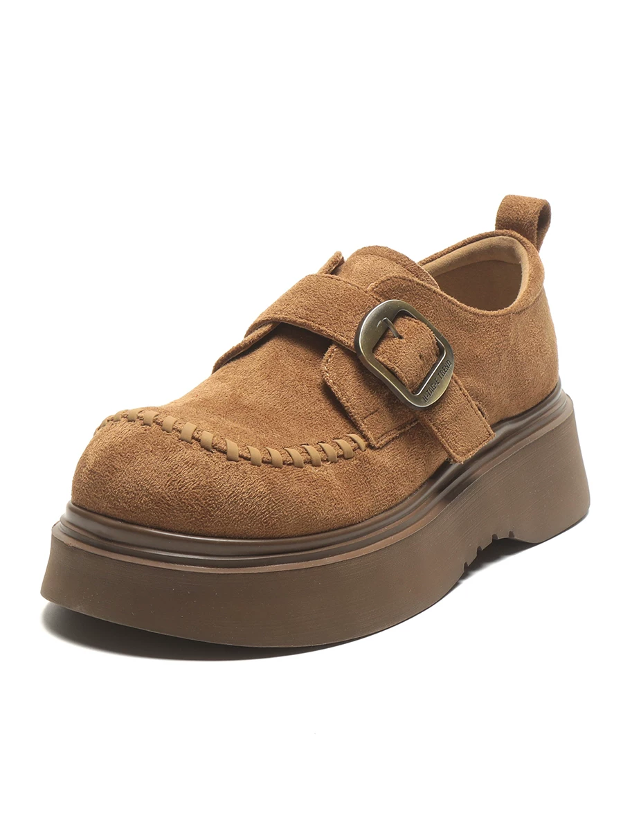 Giày lười nữ da thật đế dày, giày Birkenstock da lộn kiểu retro, mẫu mới thu đông 2025, giày da nâu phong cách Anh.