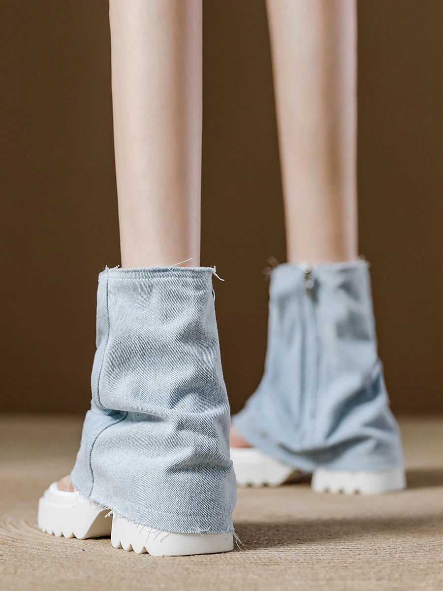 Giày bốt denim nữ có gót dày và đế đúp, dép cao gót kiểu dây quai, kiểu dáng mỏng mùa hè 2026, bốt ngắn xếp lớp, dép tăng chiều cao.