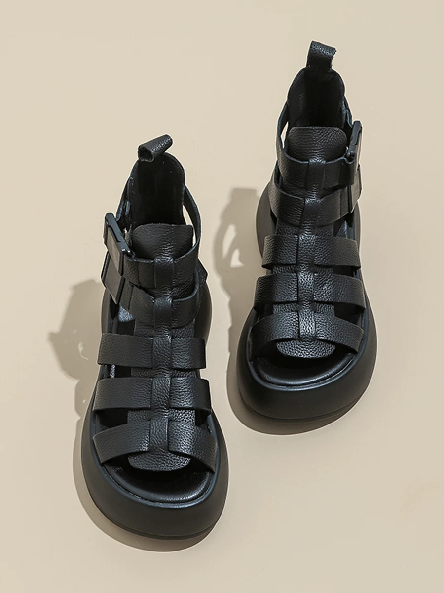 Giày sandal cao cổ đế dày dành cho nữ, giày bốt La Mã dệt retro bằng da thật, kiểu mới mùa hè 2026, bốt ngắn thoáng khí khoét lỗ