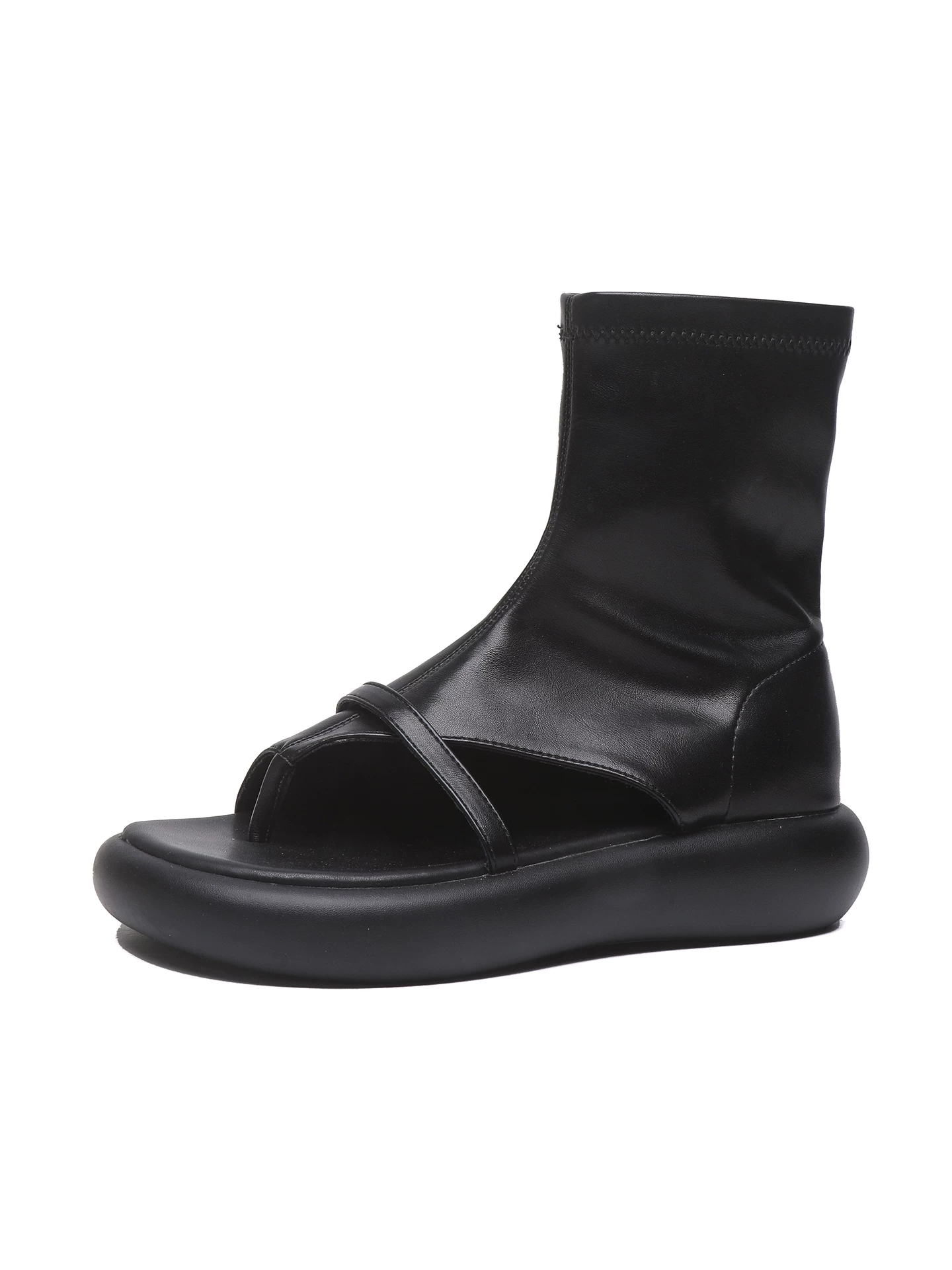 Giày sandal nữ đế dày màu đen, bốt thun co giãn, kiểu dáng mới mùa hè 2026, sandal La Mã cổ cao.