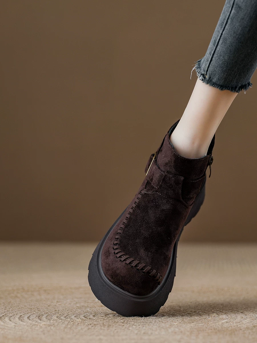 Giày bốt ngắn Birkenstock nữ, giày bốt Martin đế dày tăng chiều cao phong cách Anh, mẫu mới thu 2025, giày bốt nữ cao cổ da lộn retro.
