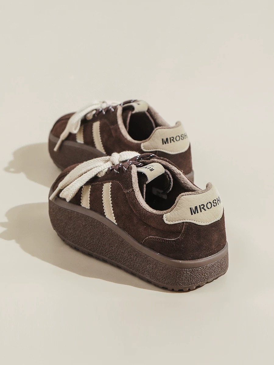 Giày thể thao nữ da lộn kiểu Đức cổ điển, giày sneaker đế dày lót lông, mẫu mới mùa đông 2025, giày lười thể thao đế cong.