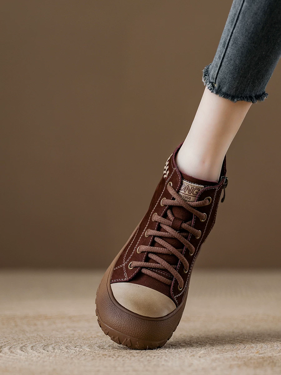 Giày thể thao nữ cổ cao đế dày kiểu mới thu đông 2025, boots da nâu retro, boots cổ ngắn phong cách casual