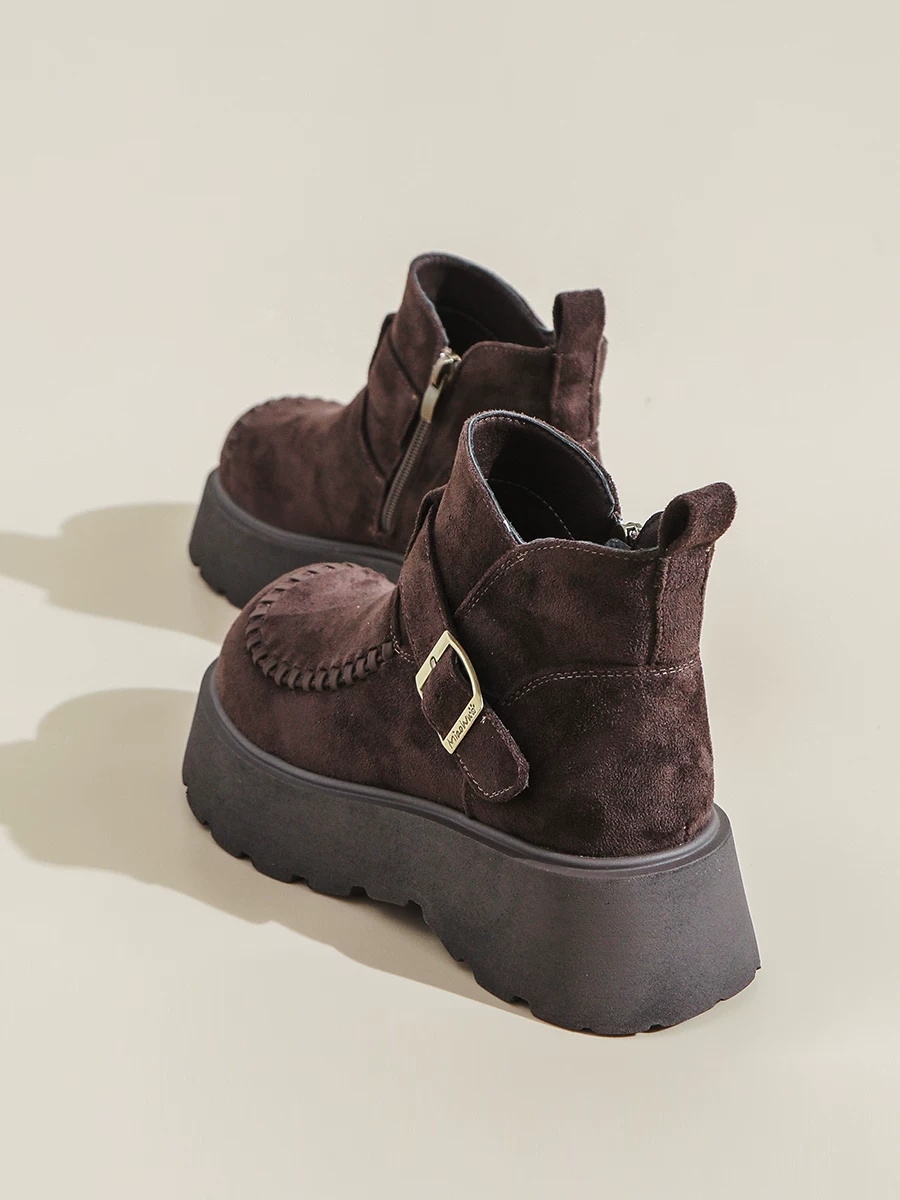 Giày bốt ngắn Birkenstock nữ, giày bốt Martin đế dày tăng chiều cao phong cách Anh, mẫu mới thu 2025, giày bốt nữ cao cổ da lộn retro.