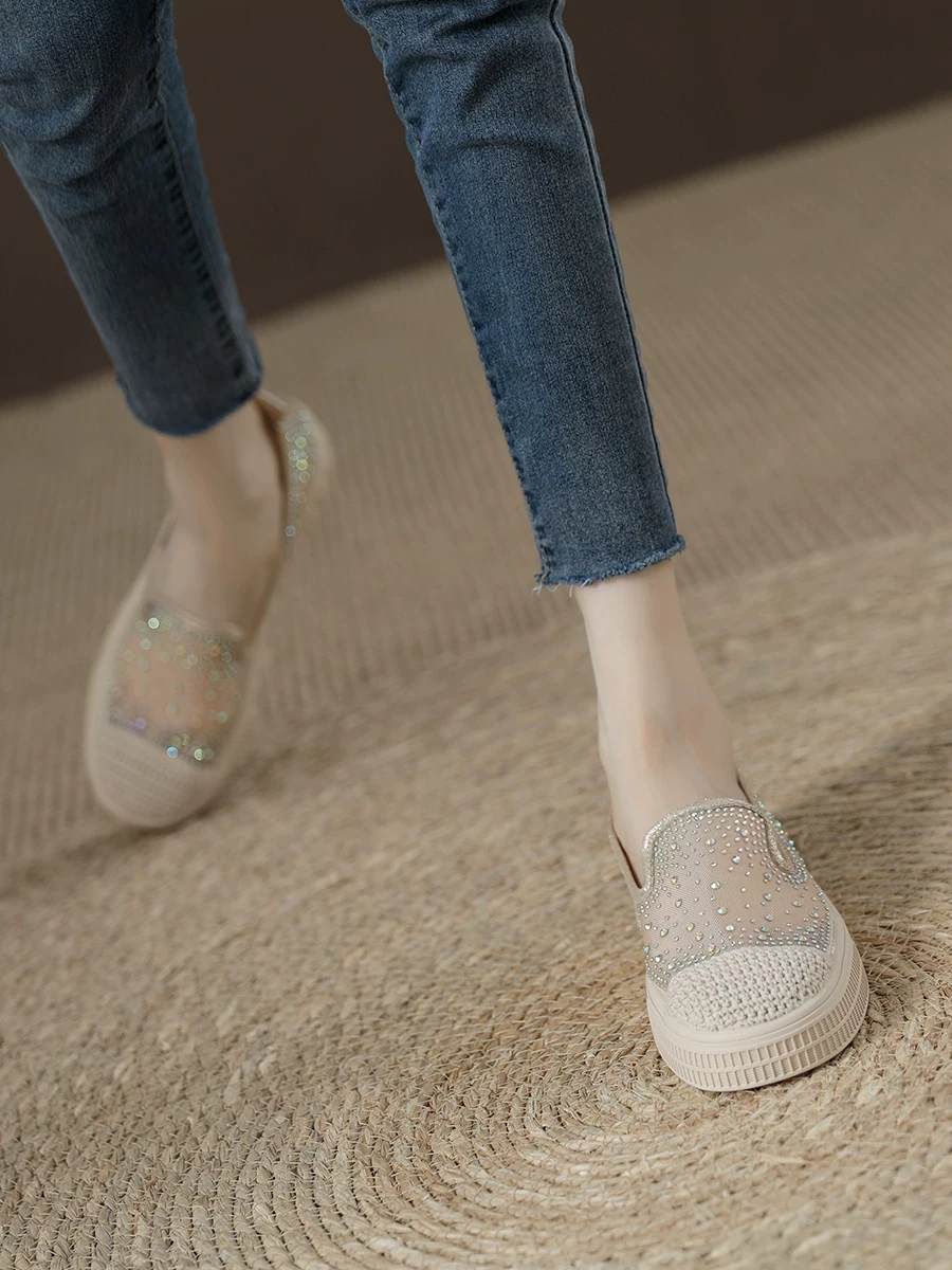 Giày Fisherman dành cho nữ, giày lười kiểu Chanel đính đá lưới mỏng mùa hè, mẫu mới 2026, giày lười nữ thoáng khí.